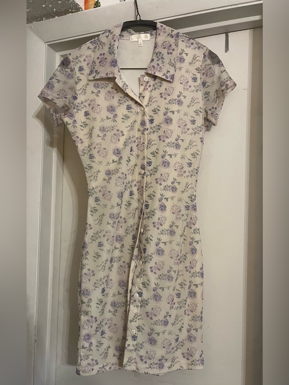 Floral Button-Front Shirt Dress in Cream and Lavender